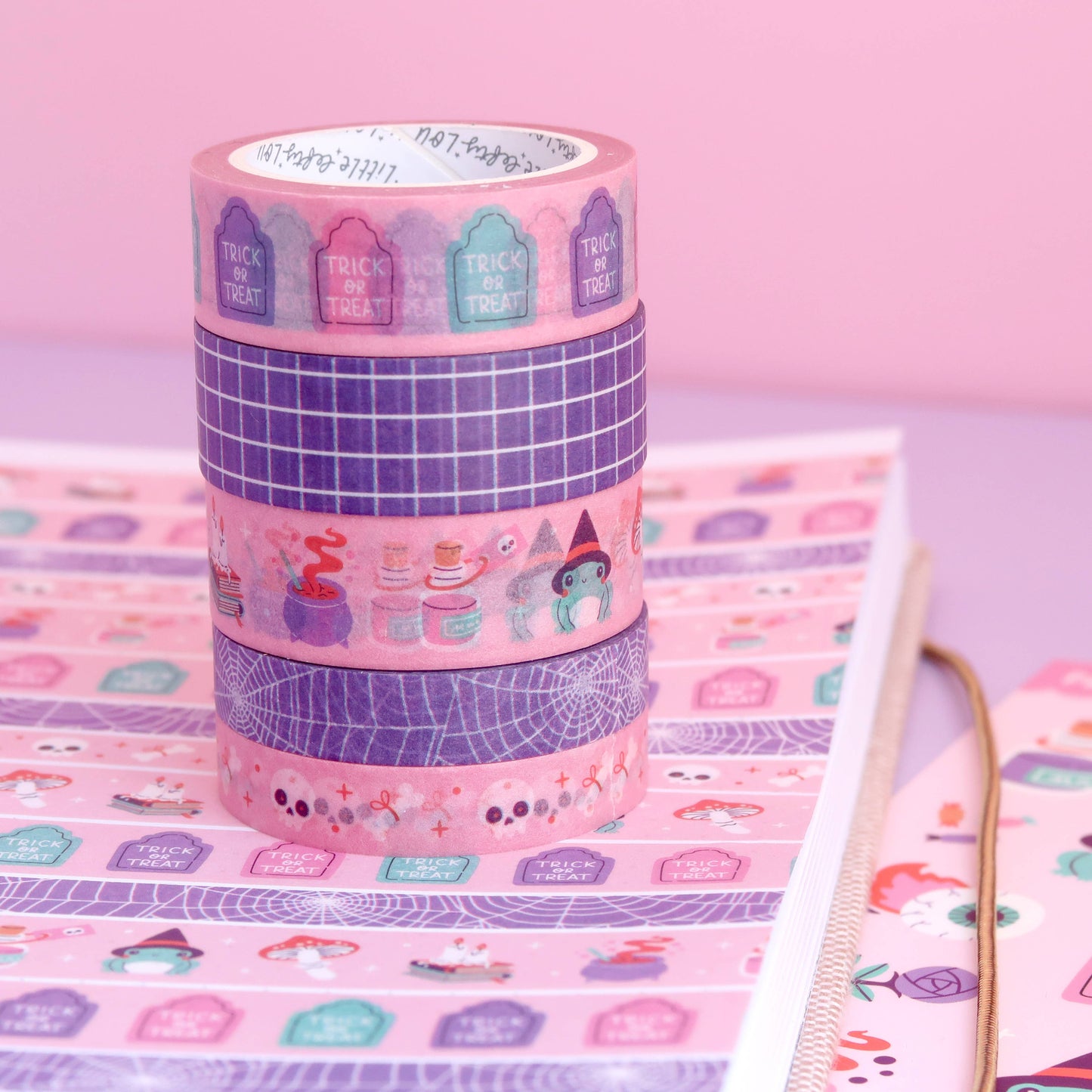 Set van 2 smalle washi tapes - Skulls & Spiders Purple Pink